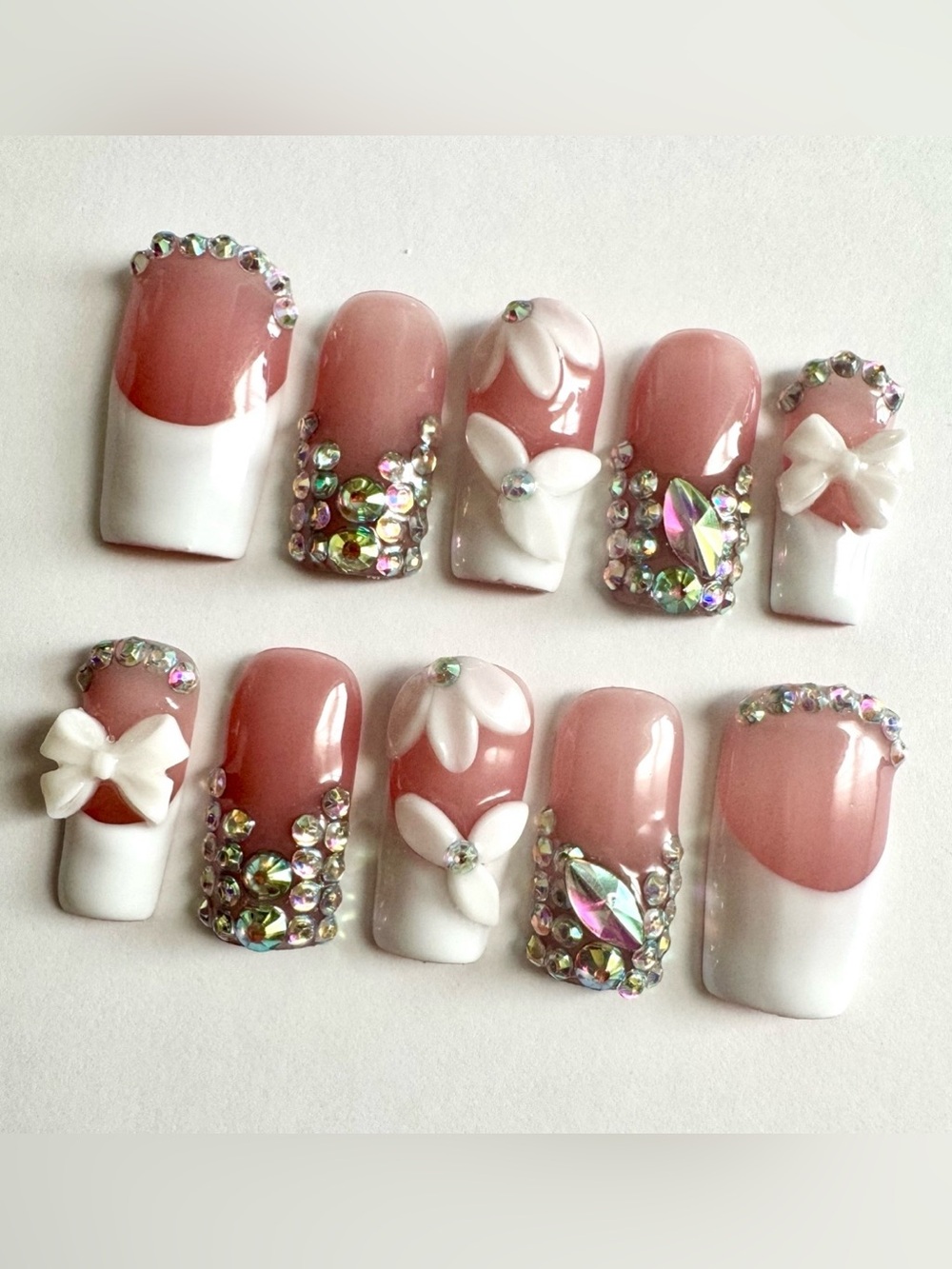 Pink and White Crystal 3D Floral Press On Nails